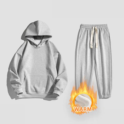 Spring Autumn Men Suit Thickened Warm Windproof Hooded Long Sleeve Trouser Solid Color Casual Sports Two Piece Running Sport Set