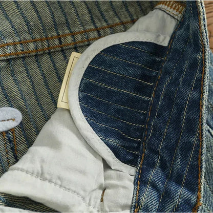 Heavy chunky jeans men vintage do old wash dark vertical texture of loose straight leg denim pants