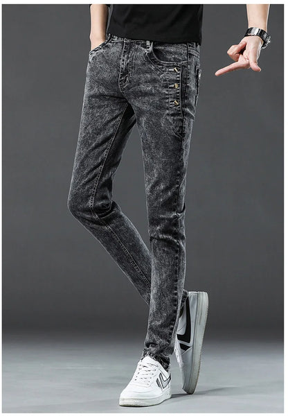 Classic Slim Vintage Fashion Men's Designer Jeans Snowflake Grey Wash Korean Fashion Stretch Pants Multi-button Denim Trousers