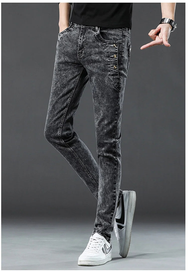 Classic Slim Vintage Fashion Men's Designer Jeans Snowflake Grey Wash Korean Fashion Stretch Pants Multi-button Denim Trousers