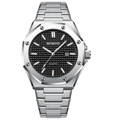 BINBOND Men's Watches Top Fashion Original Quartz Wrstwatch for Man Precision Steel Case Textured Dial Leather Strap Waterproof