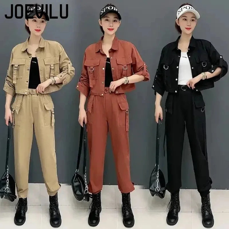 JOEVILU 2PCS Streetwear Tracksuit Cargo Coat Casual Pants 2 Piece Sets Women's Outfits Spring and Autumn Korean Fashion Y2k Suit