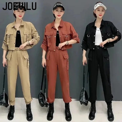 JOEVILU 2PCS Streetwear Tracksuit Cargo Coat Casual Pants 2 Piece Sets Women's Outfits Spring and Autumn Korean Fashion Y2k Suit