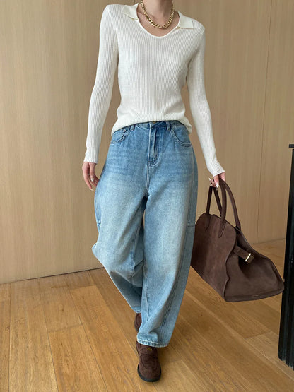 Curved Knife Cut Wide Leg Loose Jeans Look Slimmer 2024 Autumn Denim Pant