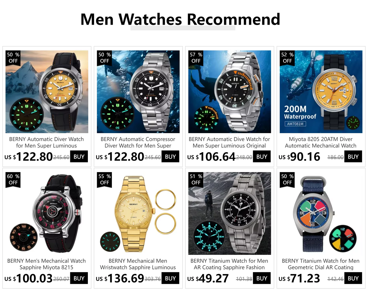 BERNY Titanium Watch for Men Supper Light Weight Wristwatch Super Luminous Sapphire 10ATM Waterproof Sport Field Quartz Watches