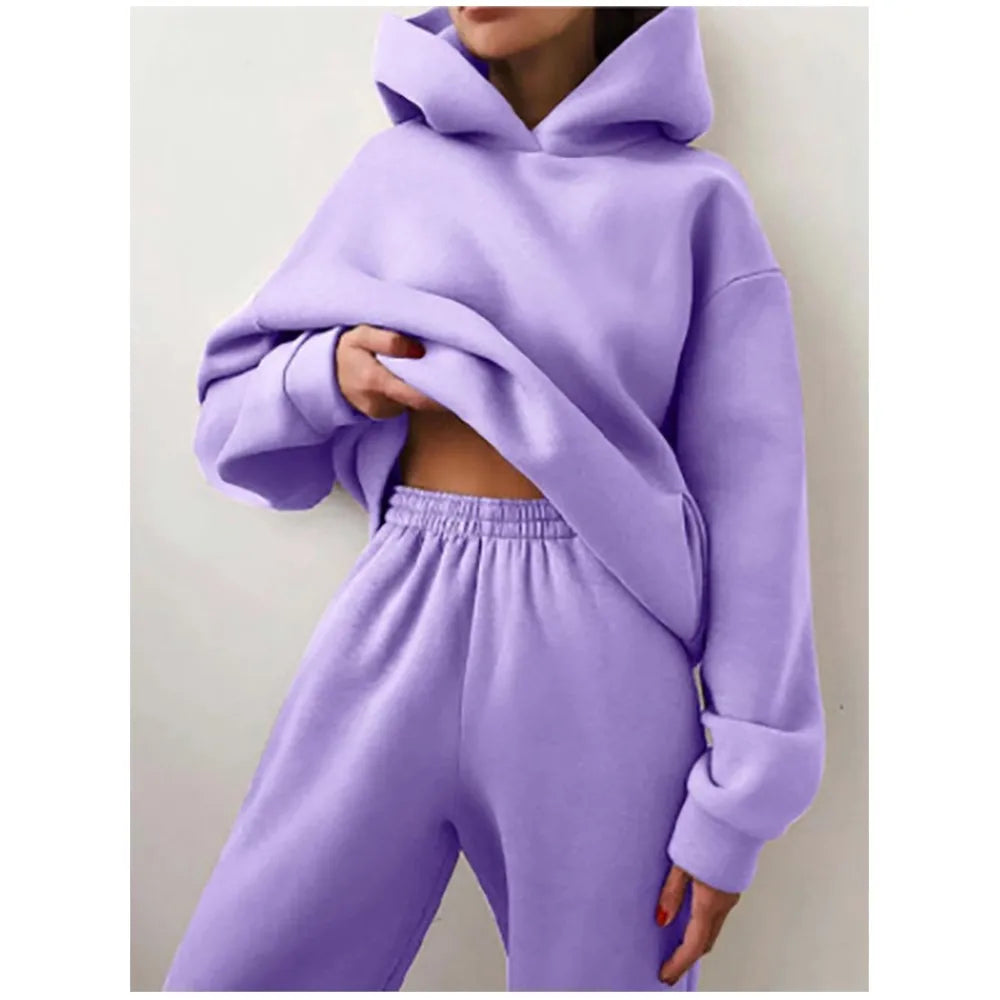 Autumn Winter Casual Thickened Sports Hooded Sweatshirt Trousers Suit Women's Fashion Loose Pocket Female Trousers 2 Pieces Set