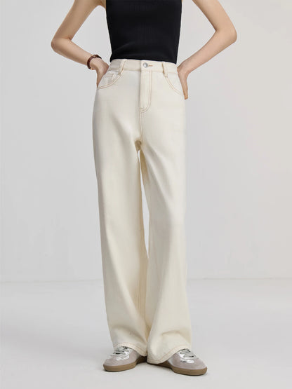 ZIQIAO Women Beige Full Length Women Jeans 2024 Autumn New High Waist Cotton Office Lady Casual Female Long Pants 24ZQ93118