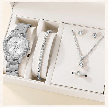 6PCS Set Luxury Watch Women Ring Necklace Earring Rhinestone Fashion Wristwatch Casual Ladies Watches Bracelet Set Clock