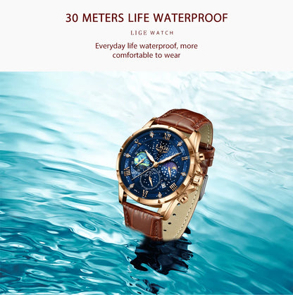 LIGE Women Watches Fashion Luxury Quartz Leather Strap Moon Phase Waterproof Luminous Wristwatch Date Business Casual Lady Clock