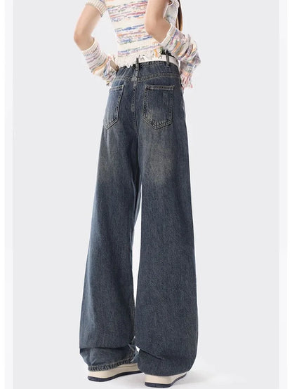 American Retro Jeans Five-point Star Raw Edge Splicing Loose Wide-leg Jeans Women Look Thin Trendy All-match Mopping Pants Women