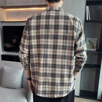 Men's Long Sleeved Checkered Shirt, Korean Slim Fit Jacket, Casual Student Trend Shirt, Lining