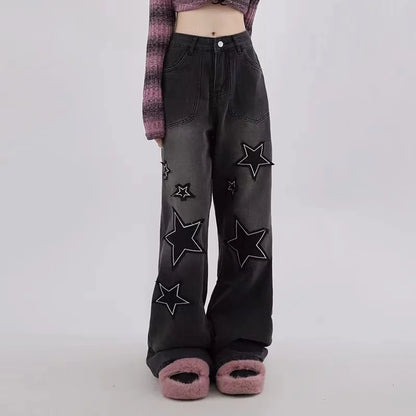 American Retro Jeans Five-point Star Raw Edge Splicing Loose Wide-leg Jeans Women Look Thin Trendy All-match Mopping Pants Women
