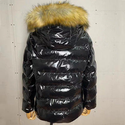 Women Winter Fashion Casual Slim Short Padded Faux Fur Collar with Non Removable Hooded Warm Paddeds Female Zipper Thicken Coat