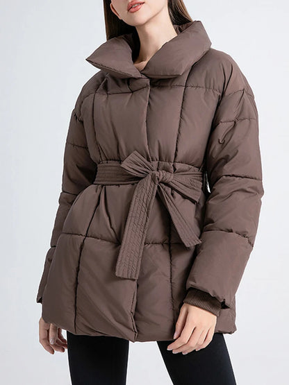 LANMREM Women's Parkas Solid Color Warm Cotton Padded Coat Jacket Belt Gathered Waist Female Fashion Winter Clothing 2DB1775