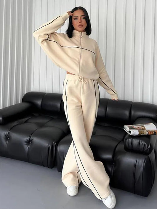 Jacket Women Tracksuit Wide Leg Pants Two Pieces Set Half High Neck Zippers Cardigan Outerwear Drawstring Pockets Matching Set
