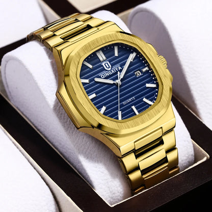 QINGXIYA Brand Fashion Square Dial Quartz Watch for Men Gold Stainless Steel Waterproof Luminous Calendar Luxury Mens Watch