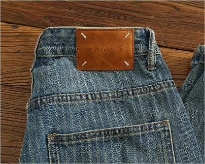 Heavy chunky jeans men vintage do old wash dark vertical texture of loose straight leg denim pants