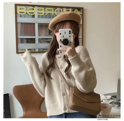 HELIAR Korean Sweet Cardigan Women Long Sleeve Fashion Elegant Knitted Tops Casual O Neck Single Breasted Female Casual Cardigan