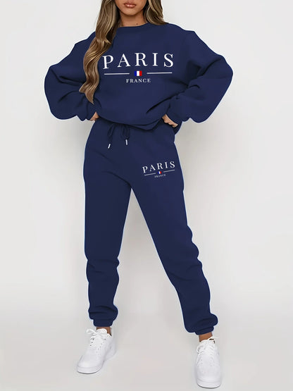 Women's Autumn/Winter Hip Hop Casual Street Paris French Pattern Printed Round Neck Sweatshirt+Sweatpants Warm Set