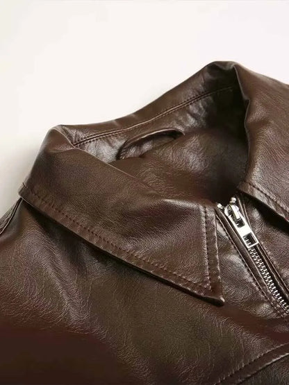 2024 Autumn New Women's Clothing European and American Style French Design Fashionable Versatile Textured Leather Jacket