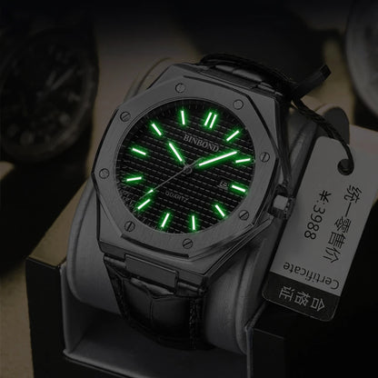 BINBOND Men's Watches Top Fashion Original Quartz Wrstwatch for Man Precision Steel Case Textured Dial Leather Strap Waterproof