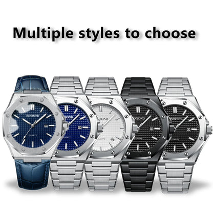 BINBOND Men's Watches Top Fashion Original Quartz Wrstwatch for Man Precision Steel Case Textured Dial Leather Strap Waterproof