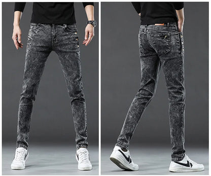 Classic Slim Vintage Fashion Men's Designer Jeans Snowflake Grey Wash Korean Fashion Stretch Pants Multi-button Denim Trousers