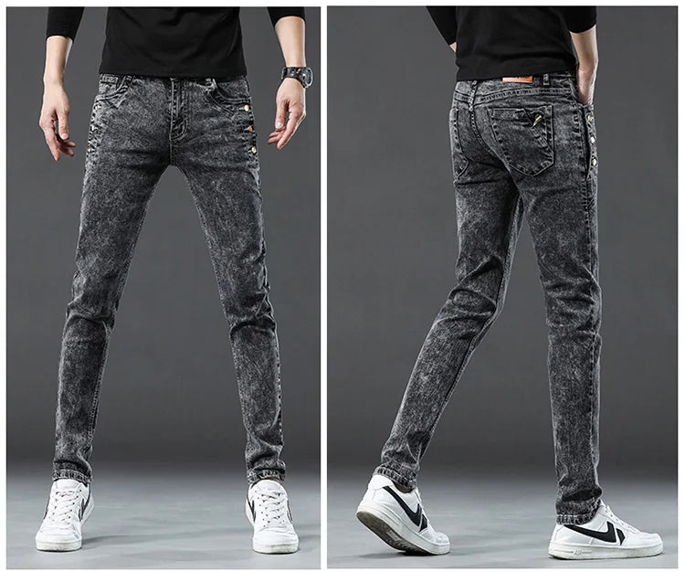 Classic Slim Vintage Fashion Men's Designer Jeans Snowflake Grey Wash Korean Fashion Stretch Pants Multi-button Denim Trousers