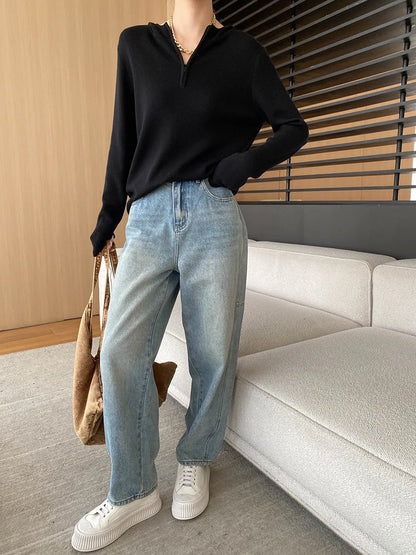Curved Knife Cut Wide Leg Loose Jeans Look Slimmer 2024 Autumn Denim Pant