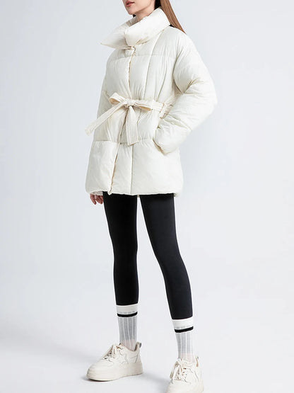 LANMREM Women's Parkas Solid Color Warm Cotton Padded Coat Jacket Belt Gathered Waist Female Fashion Winter Clothing 2DB1775