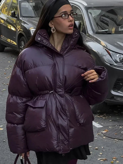 Fashion Burgundy Winter Warm Thicken Zipper Jacket Women Chic Stand Collar Pocket Cotton Coat 2024 Autumn Winter Lady Streetwear