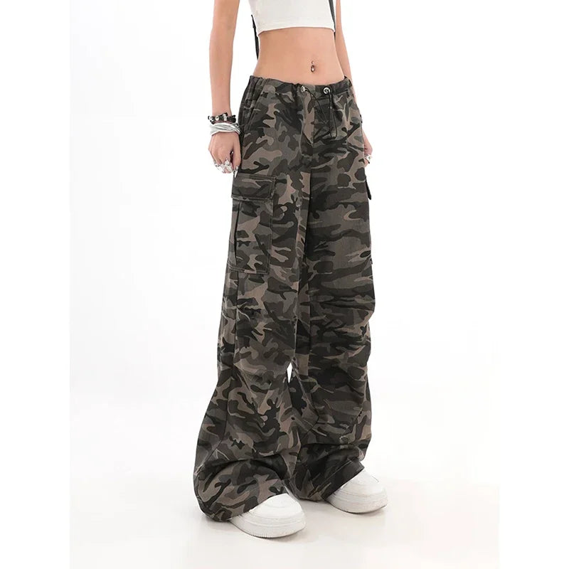 American Retro High Street Casual Overalls Camouflage Loose Wide Leg Pants For Women Y2k Hip-hop Cargo Grunge Baggy Trousers