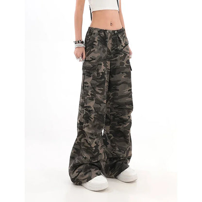 American Retro High Street Casual Overalls Camouflage Loose Wide Leg Pants For Women Y2k Hip-hop Cargo Grunge Baggy Trousers