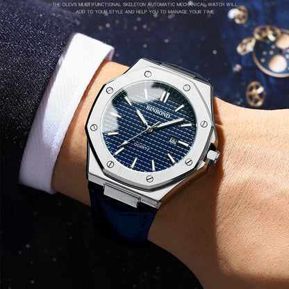 BINBOND Men's Watches Top Fashion Original Quartz Wrstwatch for Man Precision Steel Case Textured Dial Leather Strap Waterproof