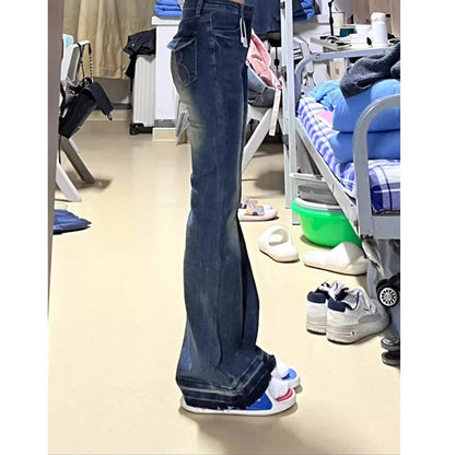 Women's Blue Baggy Flare Jeans Vintage Korean Low Waist Cowboy Pants Harajuku Denim Trousers 90s Aesthetic Y2k Emo 2000s Clothes