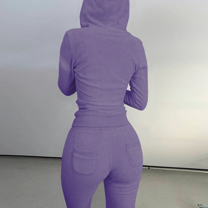 Autumn Winter Double-sided Velvet Vest 3 Piece Set For Woman's Fashion Hooded Sweatshirt Jacket Slim Pocket Trousers Female Suit