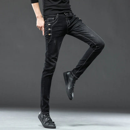 Classic Slim Vintage Fashion Men's Designer Jeans Snowflake Grey Wash Korean Fashion Stretch Pants Multi-button Denim Trousers