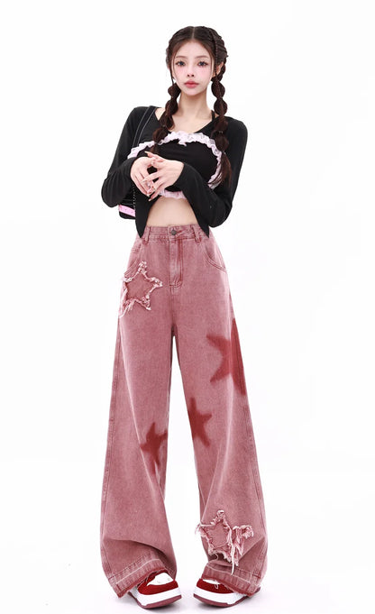 American Retro Jeans Five-point Star Raw Edge Splicing Loose Wide-leg Jeans Women Look Thin Trendy All-match Mopping Pants Women