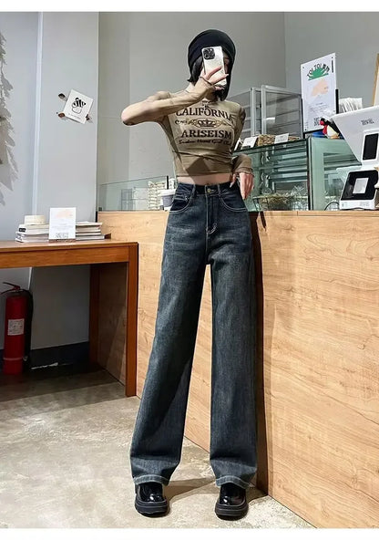 High-waisted Wide-leg Jeans Women's Autumn Winter Petite Fleece-lined Slimming Loose-fit Draped Concrete Grey Straight-leg Pants
