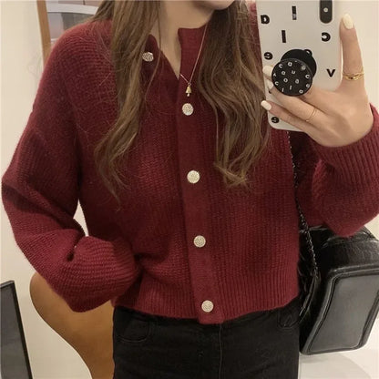 HELIAR Korean Sweet Cardigan Women Long Sleeve Fashion Elegant Knitted Tops Casual O Neck Single Breasted Female Casual Cardigan
