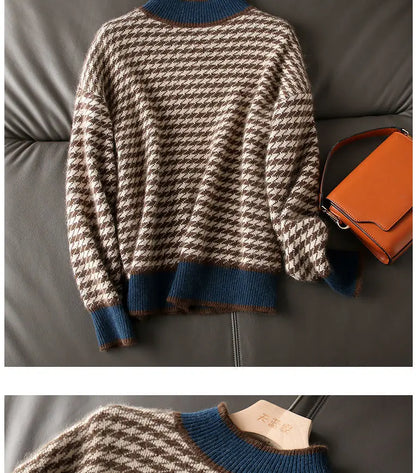 Houndstooth half turtleneck loose and thin knitted sweater women 22 autumn long sleeve casual plaid pullover sweater female
