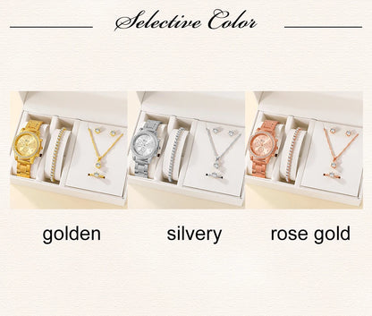 6PCS Set Luxury Watch Women Ring Necklace Earring Rhinestone Fashion Wristwatch Casual Ladies Watches Bracelet Set Clock