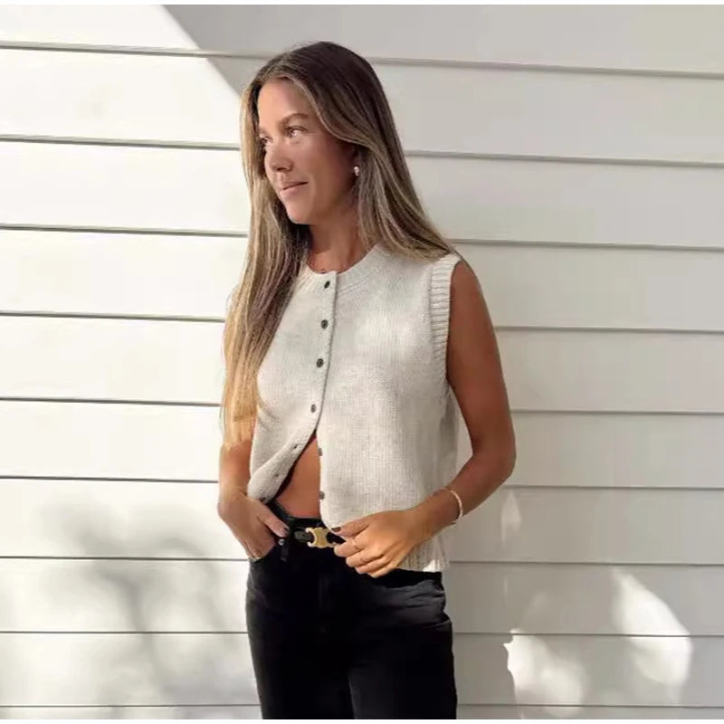 Casual Knitted Single Breasted Vest Women Loose Solid O Neck Sleeveless Female Waistcoat 2024 Autumn Lady All-match Streetwear