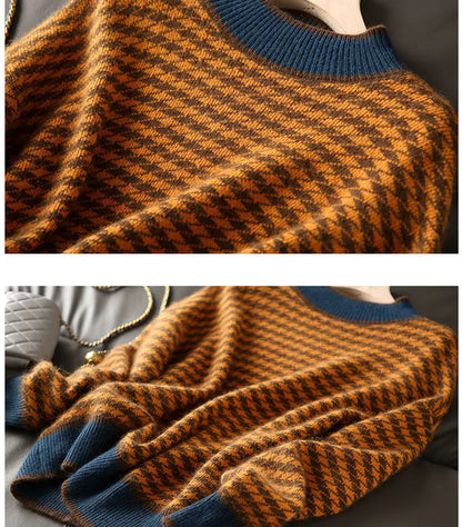 Houndstooth half turtleneck loose and thin knitted sweater women 22 autumn long sleeve casual plaid pullover sweater female