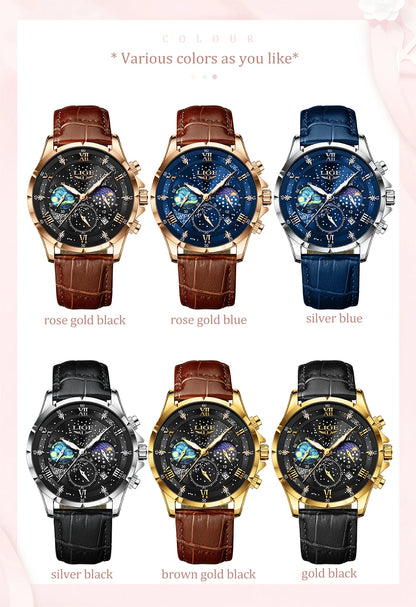 LIGE Women Watches Fashion Luxury Quartz Leather Strap Moon Phase Waterproof Luminous Wristwatch Date Business Casual Lady Clock