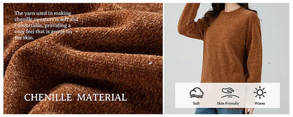 Chenille Sweater for Women O Neck Pullovers Ribbed Cuff Long Sleeve Knitted Tops Women Solid Sweater 2024 Cozy Sweaters Jumpers