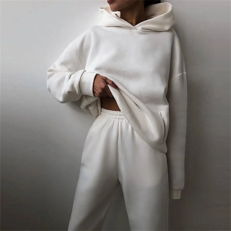 Two-Piece Oversized Tracksuit for Women, Warm Hoodie Sweatshirts, Long Pant Sets, Casual Hoody, Monochromatic, Autumn Fashion
