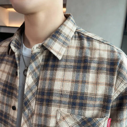 Men's Long Sleeved Checkered Shirt, Korean Slim Fit Jacket, Casual Student Trend Shirt, Lining