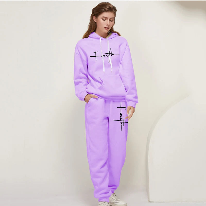 Women's Casual Tracksuit 2pcs Set Hoodie and Sweatpants Faith Printed Sportswear High Quality Ladies Home Outdoor Fashion Outfit