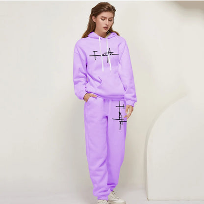 Women's Casual Tracksuit 2pcs Set Hoodie and Sweatpants Faith Printed Sportswear High Quality Ladies Home Outdoor Fashion Outfit
